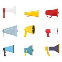 Set of megaphone flat color. Loud broadcasting, voice shouting, vector bullhorn and loudspeaker, broadcast media device collection, illustration announce and public attention