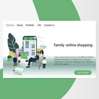 Family online shopping, website page template. Mother father and kids choosing goods in internet market. Web retail purchasing together. Vector illustration