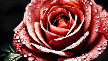 ai generado hermosa rojo Rosa con gotas de agua en un oscuro antecedentes. foto