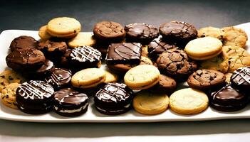 AI generated Close up of assorted cookies on a white plate on a black background photo