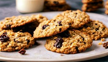 AI generated Oatmeal cookies with raisins and cranberries on a plate. Healthy eating photo