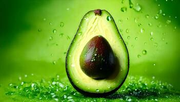 AI generated Avocado with drops of water on a green background close-up photo