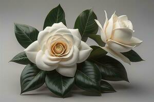 AI generated White rose with green leaves on a solid color background, top view. ai generative photo