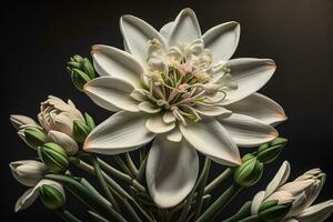 AI generated Beautiful white lilies on solid color background, closeup. Floral decor. ai generative photo