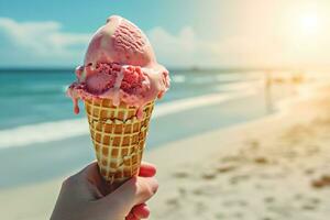AI generated Close-up hand holding strawberry ice cream cone on sunny beach background. Generative AI. photo