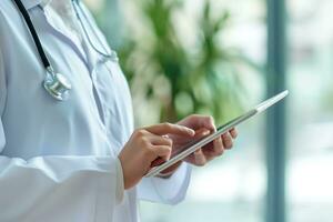 AI generated Closeup of female doctor using tablet computer in hospital. Generative AI. photo