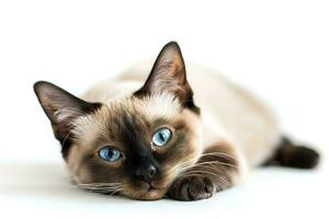 AI generated Cute Siamese cat lying on white background. Generative AI. photo