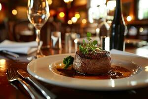AI generated A plate of beef filet mignon with rice and arugula lettuce. Generative AI. photo