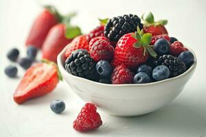 AI generated A white bowl of mixed fresh berries on white background. Generative AI. photo