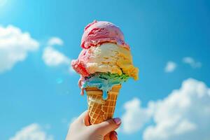 AI generated Hand holding a cone of multicolored ice cream. Generative AI. photo