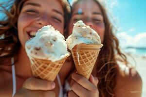 ai generado Pareja disfrutando con hielo crema conos en el playa. generativo ai. foto