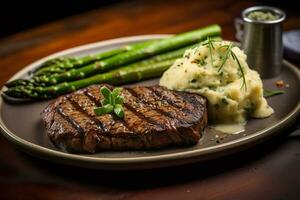 AI generated Grilled ribeye steak steak with asparagus and mashed potatoes on plate. Generative AI photo