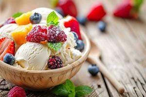 AI generated Close-up view of a wooden bowl filled with artisanal vanilla ice cream topped with a variety of fresh berries. Generative AI. photo