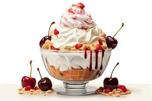 AI generated A tasty ice cream sundae on white background. Generative AI. photo