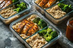 AI generated Meal prep containers with grilled chicken, brown rice, and steamed broccoli. Generative AI. photo