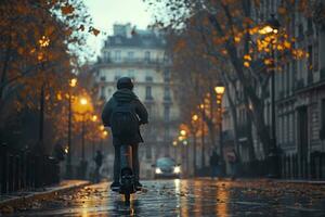 AI generated A person riding an electric scooter down a wet street in Paris. Generative AI. photo