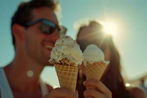 ai generado sonriente Pareja disfrutando hielo crema conos generativo ai. foto