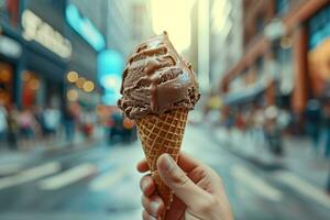 AI generated Hand holding a dripping chocolate ice cream cone with cityscape background. Generative AI. photo
