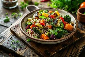 AI generated A dish of a vegan meal, quinoa salad with roasted vegetables. Generative AI. photo