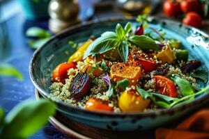 AI generated A dish of a vegan meal, quinoa salad with roasted vegetables. Generative AI. photo
