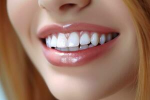 AI generated Closeup view of smiling young woman with whitening teeth. Generative AI. photo