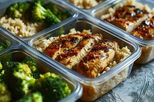 AI generated Meal prep containers with grilled chicken, brown rice, and steamed broccoli. Generative AI. photo