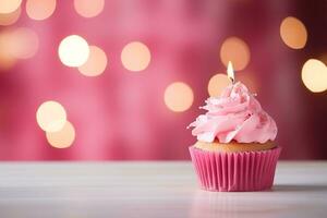 ai generado cumpleaños rosado magdalena con vela en mesa. generativo ai. foto