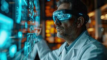AI generated A doctor wearing smart glasses, standing in front of a high-tech digital interface display. Generative AI. photo