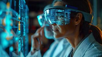 AI generated A doctor wearing smart glasses, standing in front of a high-tech digital interface display. Generative AI. photo
