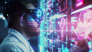 AI generated A doctor wearing smart glasses, standing in front of a high-tech digital interface display. Generative AI. photo