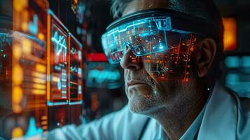 AI generated A doctor wearing smart glasses, standing in front of a high-tech digital interface display. Generative AI. photo