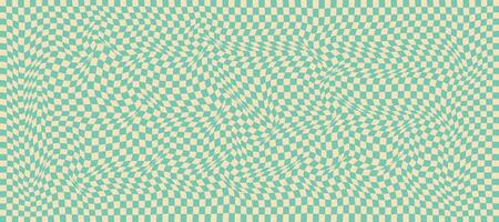 Distorted checkered green background. Psychedelic grid, groovy y2k style. Chessboard aesthetic ornament. Wave retro vector background.