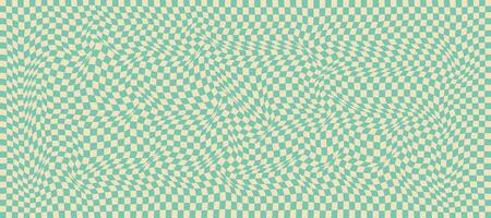 Distorted checkered green background. Psychedelic grid, groovy y2k style. Chessboard aesthetic ornament. Wave retro vector background.