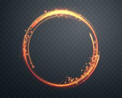 Orange magic ring with glowing particles. Neon realistic energy flare halo ring. Abstract light effect on a dark background. Vector illustration.