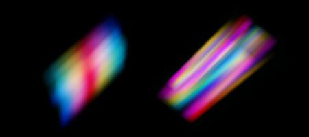 Blurred rainbow refraction overlay effect set. Light lens prism effect on black background. Holographic reflection, crystal flare leak shadow overlay. Vector abstract illustration.