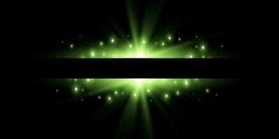 Green horizontal lensflare. Light flash with rays or green spotlight. Glow flare light effect. Vector illustration. Isolated on dark background.