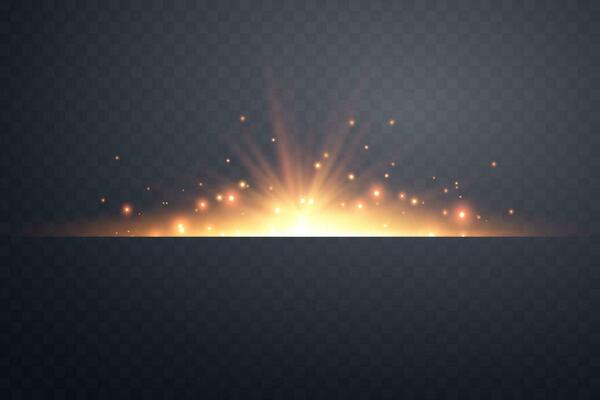 Orange horizontal lensflare. Light flash with rays or spotlight and bokeh. Orange glow flare light effect. Vector illustration. Isolated on dark background.
