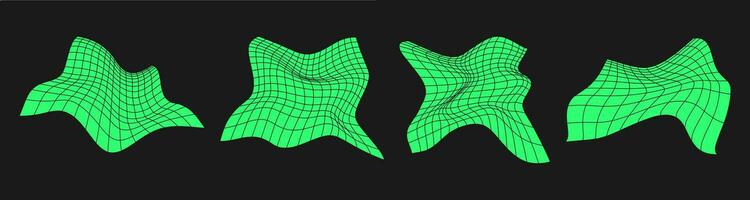 Set of distorted cyber grids. Cyberpunk geometry element y2k style. Isolated green mesh on black background. Vector fashion illustration.