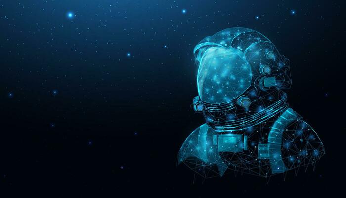 Wireframe astronaut in space galaxy close up. Futuristic polygonal cosmonaut helmet, space tourism concept. Starry abstract background with glowing human. Vector illustration.