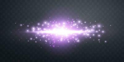 Purple horizontal lensflare. Light flash with rays or violet spotlight and bokeh. Glow flare light effect. Vector illustration. Isolated on dark background.