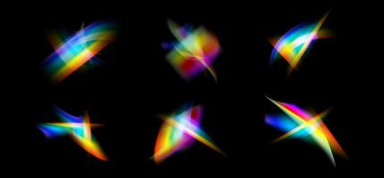 Blurred rainbow refraction overlay effect set. Light lens prism effect on black background. Holographic reflection, crystal flare leak shadow overlay. Vector abstract illustration.