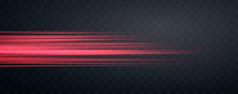 Speed rays, velocity light neon flow, zoom in motion effect, red glow speed lines, colorful light trails, stripes. Abstract background, vector illustration.