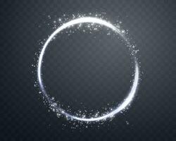 Silver magic halo ring with glowing particles, sunlight lens flare. Neon realistic energy flare ring. Abstract light effect on a dark background. Vector illustration.