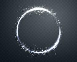 Silver magic halo ring with glowing particles, sunlight lens flare. Neon realistic energy flare ring. Abstract light effect on a dark background. Vector illustration.