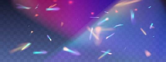 Blurred rainbow refraction overlay effect. Light lens prism effect on bright background. Holographic reflection, crystal flare leak shadow overlay. Vector abstract illustration.