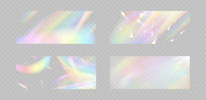 Blurred rainbow refraction overlay effect. Light lens prism effect on transparent background. Holographic reflection, crystal flare leak shadow overlay. Vector abstract illustration.