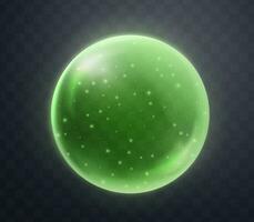 Green magic fantasy sphere. Crystal ball with glowing sparkles and particles. Energy orb with glow flare light effect. Vector illustration.