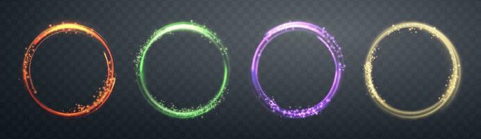 Glowing green magic rings. Neon realistic energy flare rings with sparkling particles. Abstract light effect on a dark background. Vector illustration.