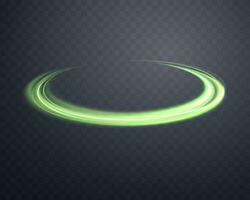 Glowing green magic rings. Dynamic orbital flare halo ring. Neon realistic energy swoosh swirl. Abstract light effect on a dark background. Vector illustration.