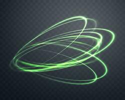 Glowing green magic rings. Neon realistic energy swirl. Abstract light effect on a dark background. Vector illustration.